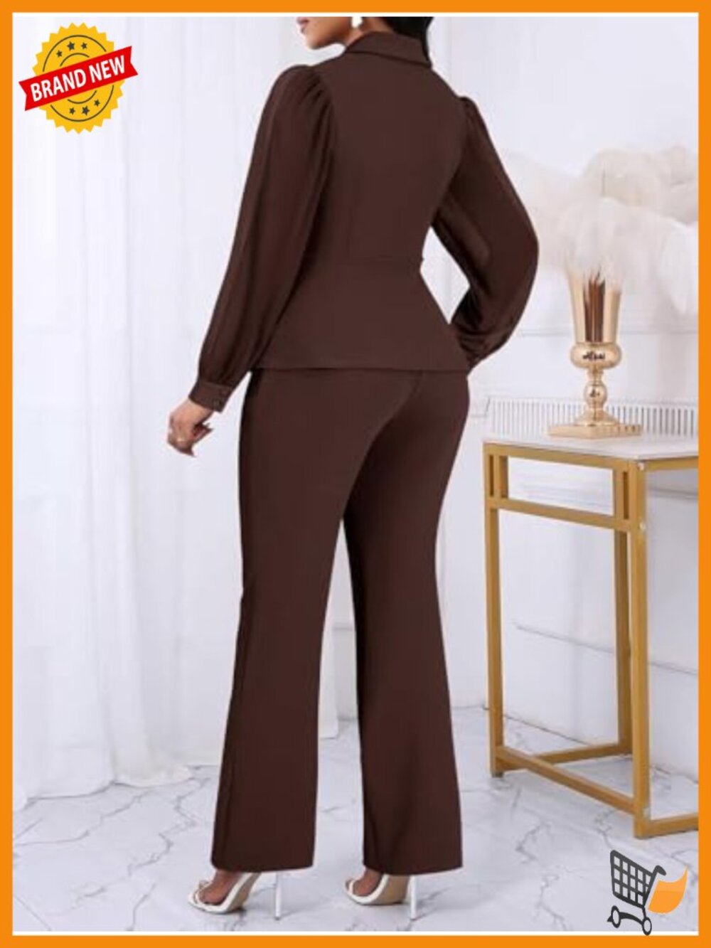 Mesh Sheer Sleeve Ruffle Blazer Wide Leg Pants Pantsuit Set 2 Piece - Picture 4 of 5